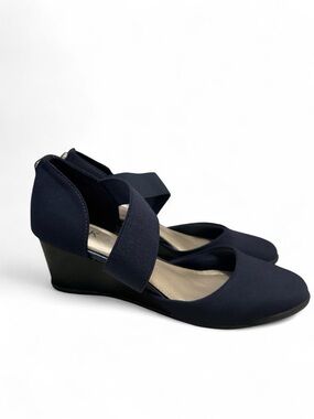 Anne Klein Navy Elastic-Cross Wedge Pumps